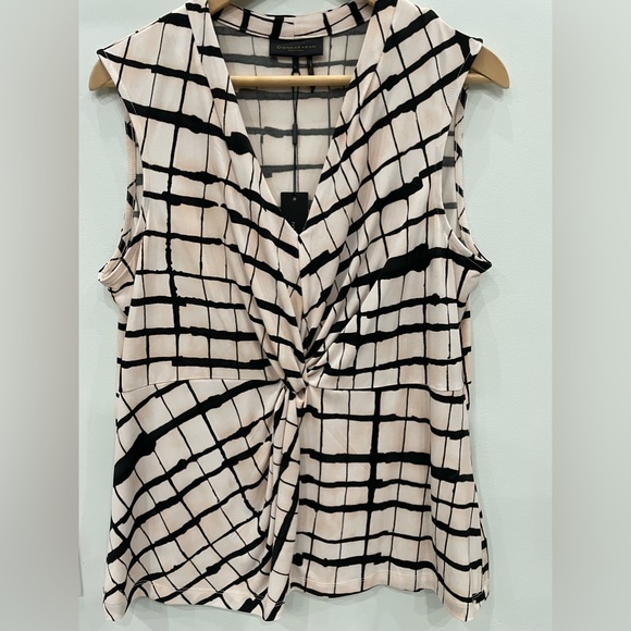 Donna Karan Geometric Sleeveless V Neck Top Cream & Black Size Large New